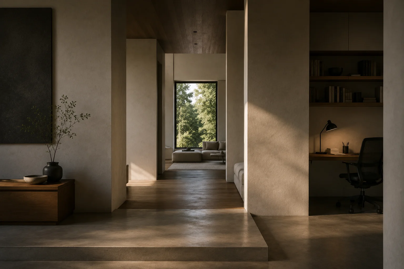 Sala con techos altos y luz natural entrando por una gran ventana lateral, con transición sutil hacia una zona más recogida.