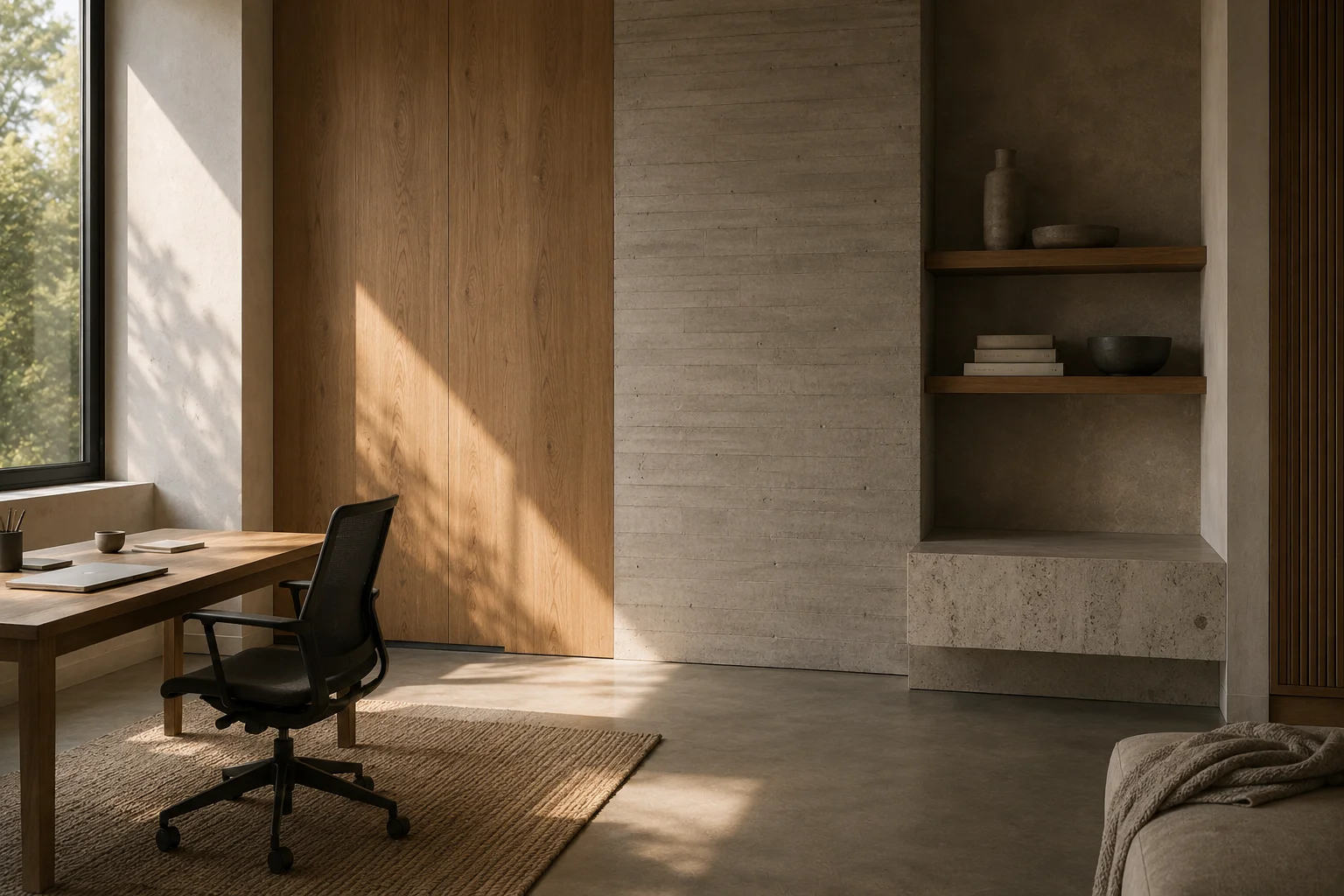 Muestras de materiales — madera, textil, cerámica y piedra — dispuestas sobre una superficie neutra con luz natural.