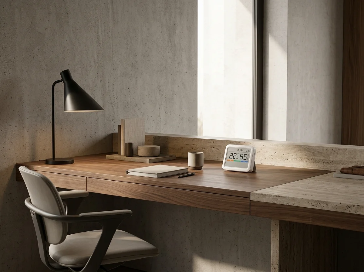 SwitchBot Meter Pro sobre un escritorio de madera junto a una ventana, integrado con discreción en el espacio de trabajo.