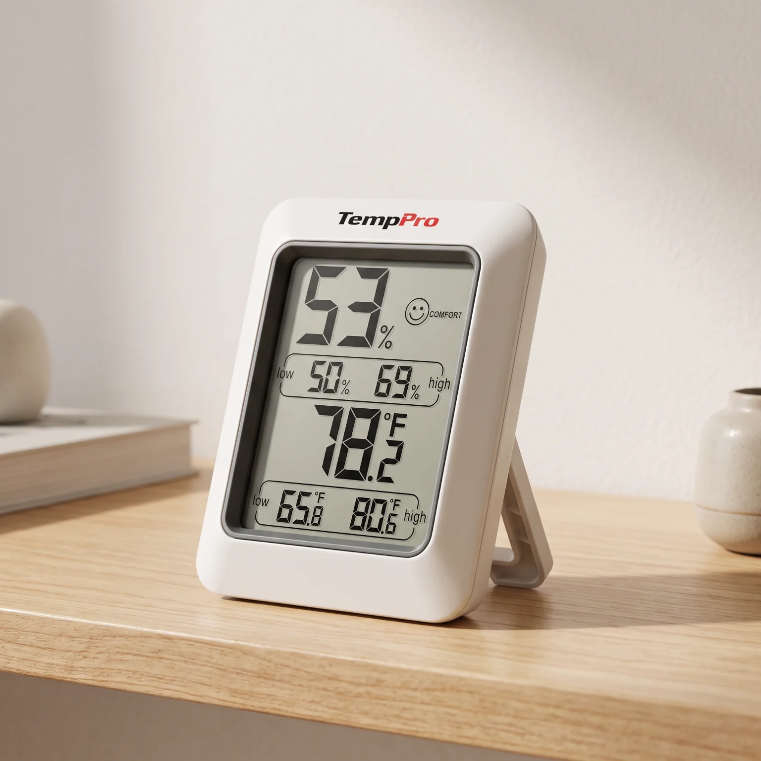 El ThermoPro TP50 apoyado en su soporte sobre una superficie doméstica.