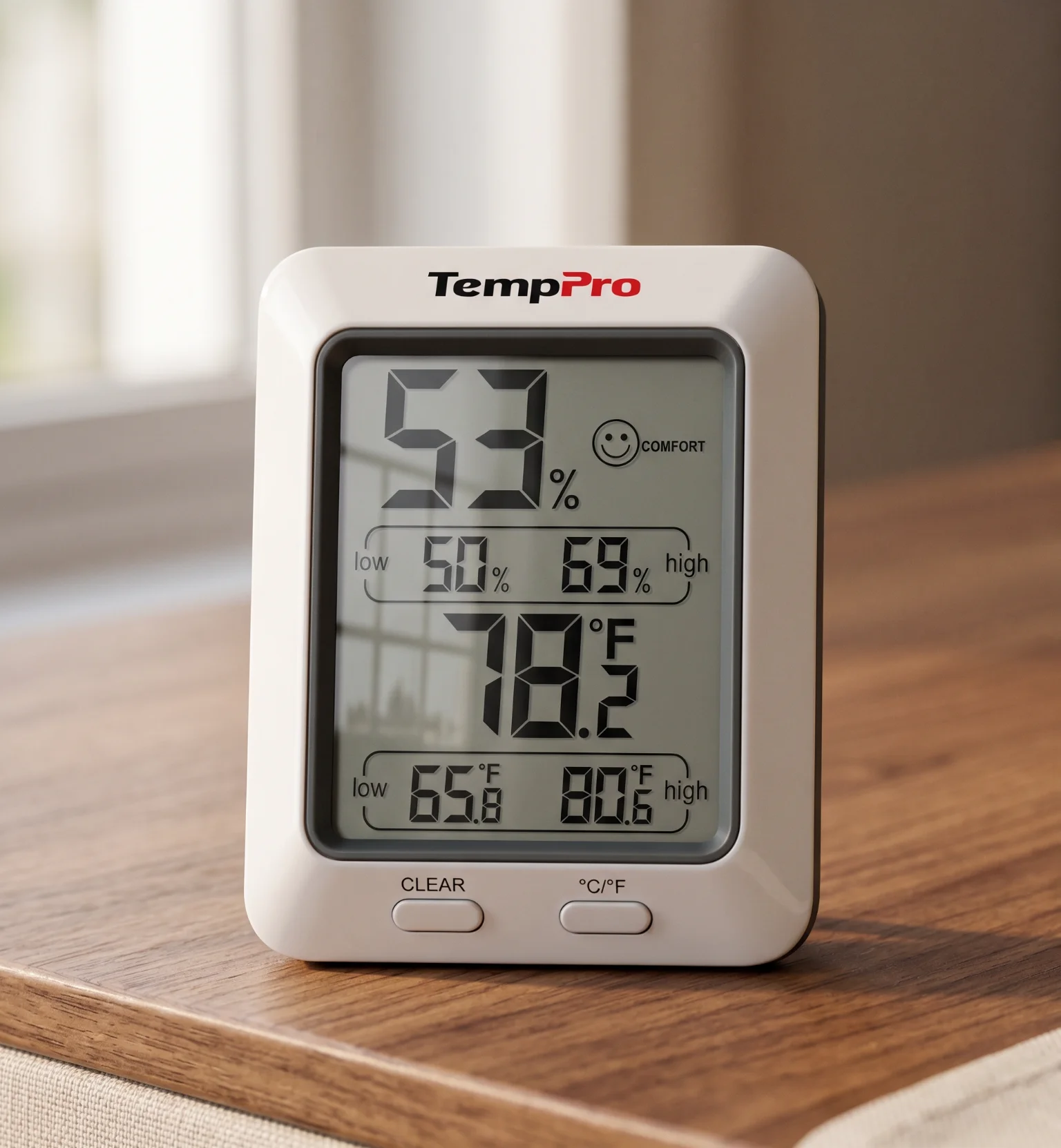 Detalle de la pantalla del ThermoPro TP50 con la lectura de humedad, temperatura y el indicador de confort.