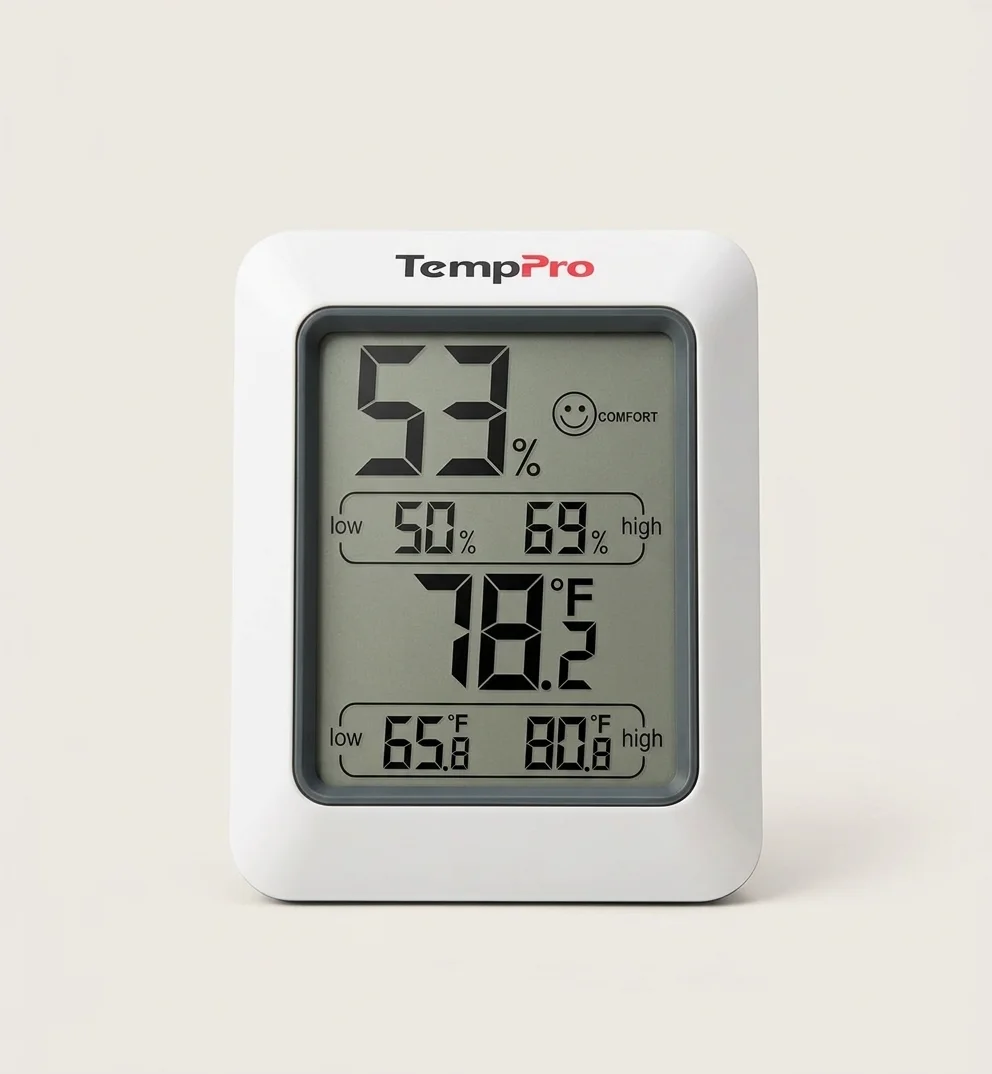 Vista de producto del ThermoPro TP50 con su pantalla grande y su cuerpo compacto.