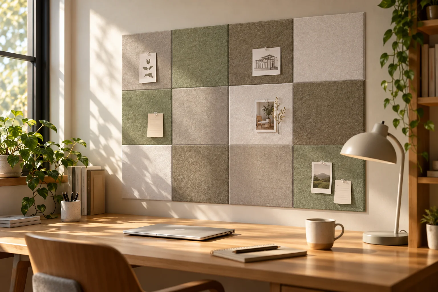 Rejilla de paneles cuadrados de fieltro en tonos Morandi sobre una pared, con notas y tarjetas sujetas, junto a un escritorio.