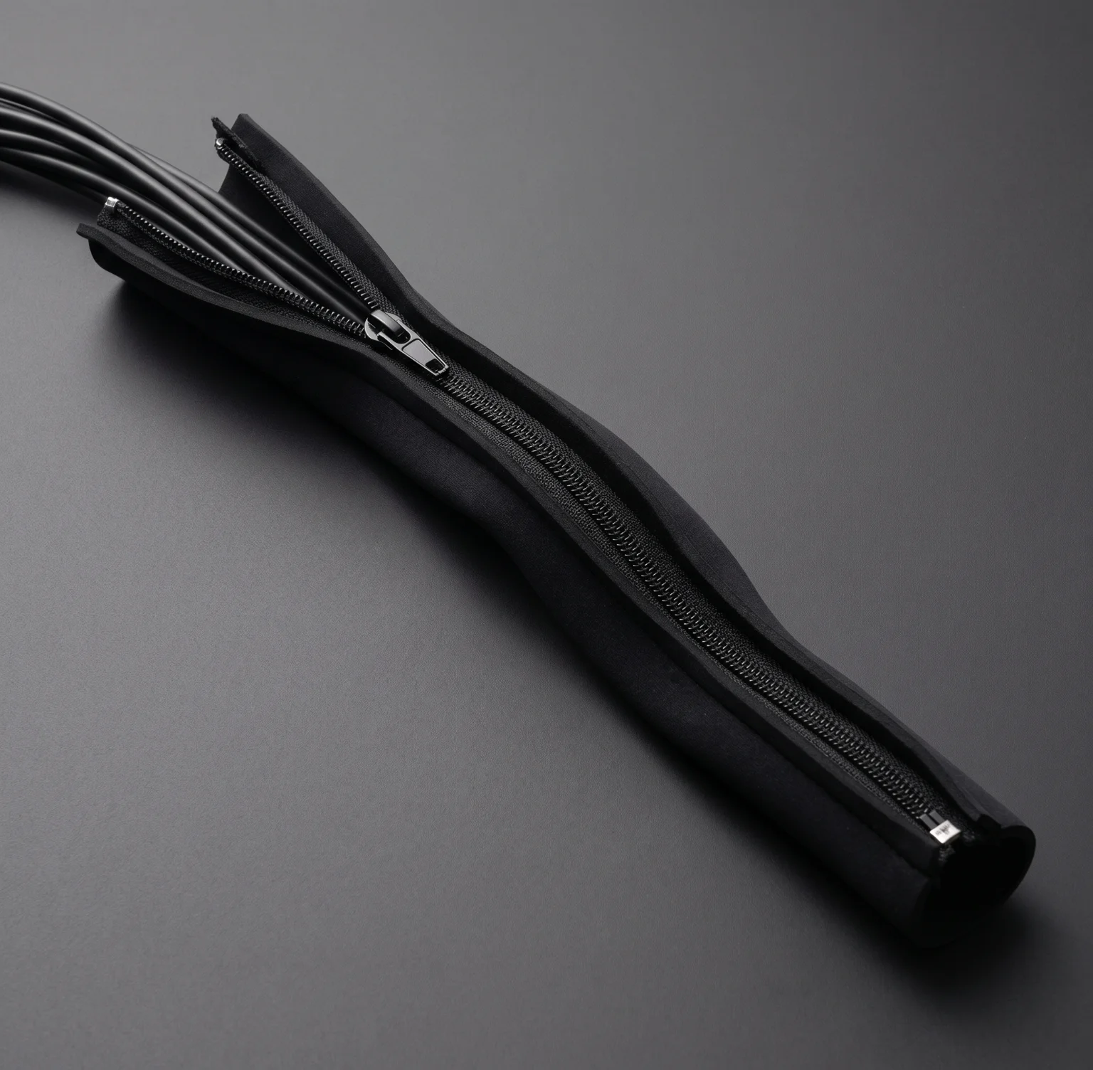 Funda de cables JOTO de tela negra con cremallera, agrupando un mazo de cables sobre una superficie oscura.