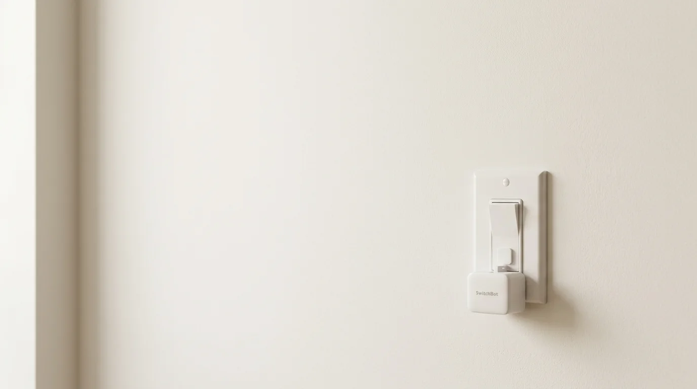 SwitchBot Bot, un pequeño cuerpo blanco montado junto a un interruptor de pared, con su brazo accionando la tecla.